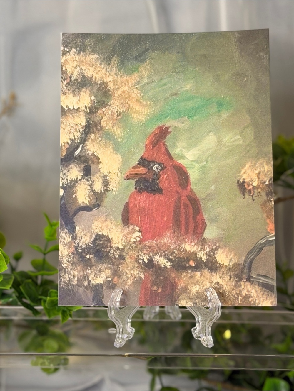 Red Cardinal Bird 5x7 Art Print Acrylic Painting by Briefcase Artist